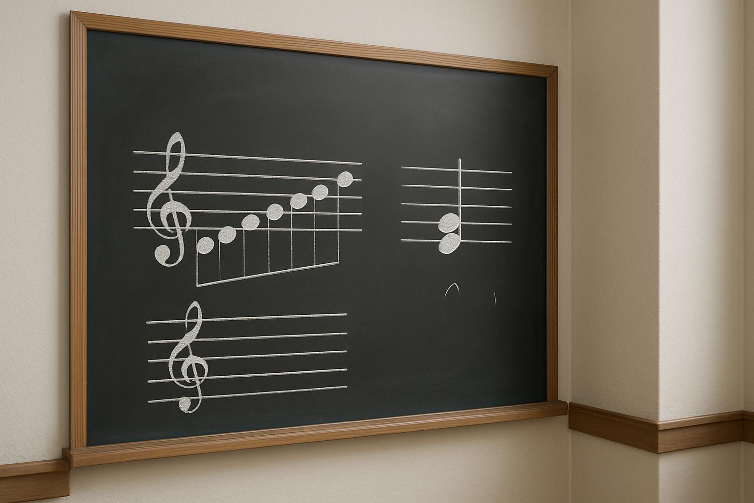 A blackboard with white chalk diagrams of musical notes and symbols on a wall within a home interior.
